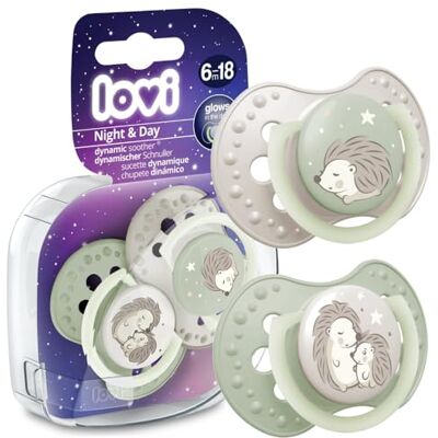 LOVI Sucette dynamique en silicone 2 pièces Nuit & Day Hedgehog Lumineux, Protège le réflexe d'aspiration, Sûr pour l'allaitement, Sans danger pour la morsure et la parole, Anti-allergique (6-18 m) LOVI Sucette dynamique en silicone 2 pièces Nuit & Day Hedgehog Lumineux, Protège le réflexe d'aspiration, Sûr pour l'allaitement, Sans danger pour la morsure et la parole, Anti-allergique (6-18 m)