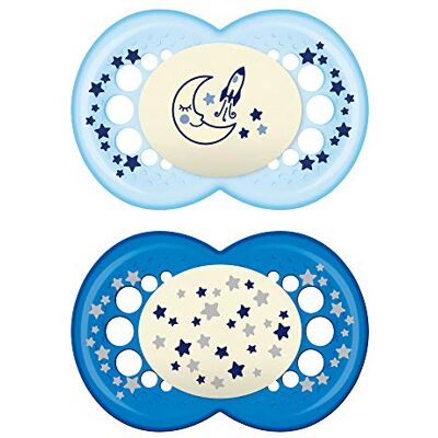MAM Night Glow in the Dark Silicone Pacifier, Boy, 6 Plus Months, 2-Count MAM Night Glow in the Dark Silicone Pacifier, Boy, 6 Plus Months, 2-Count