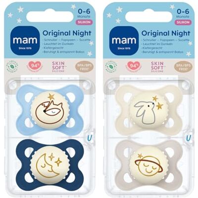 MAM Lot de 4 tétines en silicone pour bébé de 0 à 6 mois et 2 boîtes de transport de stérilisation MAM Lot de 4 tétines en silicone pour bébé de 0 à 6 mois et 2 boîtes de transport de stérilisation
