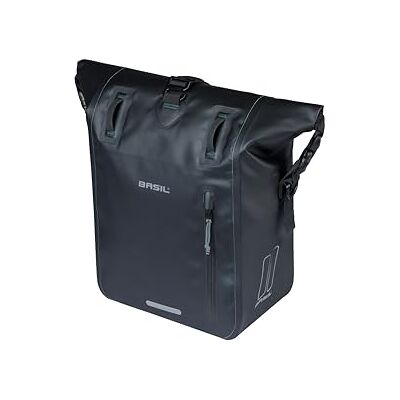 Basil Rivo Sacoche de vélo individuelle pour porte-bagages, étanche, 12-15 l, réfléchissante, en tarpaulin, avec crochets MIK, 25 x 14 x 38 cm, noire Basil Rivo Sacoche de vélo individuelle pour porte-bagages, étanche, 12-15 l, réfléchissante, en tarpaulin, avec crochets MIK, 25 x 14 x 38 cm, noire