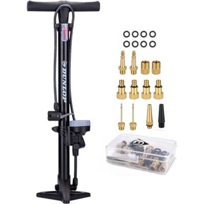Dunlop Pompe à vélo avec manomètre et kit de réparation de vélo 14 pièces Kit d'outils pour vélo avec mini pompe et kit de réparation Pour valve Presta Schrader Noir Dunlop Pompe à vélo avec manomètre et kit de réparation de vélo 14 pièces Kit d'outils pour vélo avec mini pompe et kit de réparation Pour valve Presta Schrader Noir