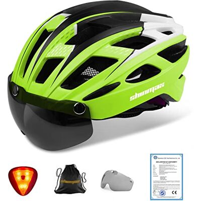 Shinmax Casque de vélo ou VTT pour homme et femme avec visière, lunettes de protection magnétiques amovibles, lumière, réglable, respirant Shinmax Casque de vélo ou VTT pour homme et femme avec visière, lunettes de protection magnétiques amovibles, lumière, réglable, respirant