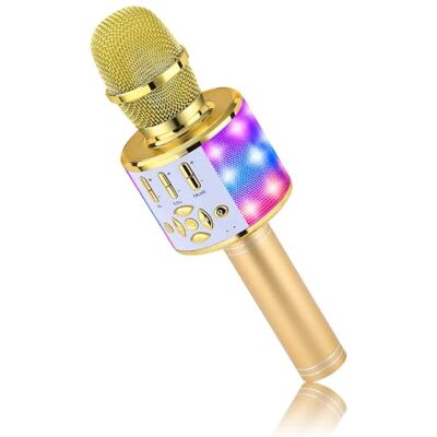 BONAOK Microphone Bluetooth sans Fil, Micro Enfants avec Lumières LED, Mini Machine Karaoké pour Fête/Maison/Anniversaire, Compatible avec Bluetooth iOS Android (Or) BONAOK Microphone Bluetooth sans Fil, Micro Enfants avec Lumières LED, Mini Machine Karaoké pour Fête/Maison/Anniversaire, Compatible avec Bluetooth iOS Android (Or)