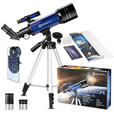ECOOPRO Télescope pour enfants et adultes, ouverture de 70 mm, réfracteur de 360 mm (15X-150X) pour débutants en astronomie, télescopes de voyage portables avec adaptateur de téléphone et 2 oculaires ECOOPRO Télescope pour enfants et adultes, ouverture de 70 mm, réfracteur de 360 mm (15X-150X) pour débutants en astronomie, télescopes de voyage portables avec adaptateur de téléphone et 2 oculaires