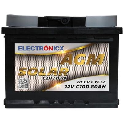 Electronicx Batterie Solaire AGM 12V 80Ah Décharge Lente Sans Entretien pour Voiture, Camping-Car, Bateau, Jardin et Installation Photovoltaïque Édition Énergie Mobile Electronicx Batterie Solaire AGM 12V 80Ah Décharge Lente Sans Entretien pour Voiture, Camping-Car, Bateau, Jardin et Installation Photovoltaïque Édition Énergie Mobile