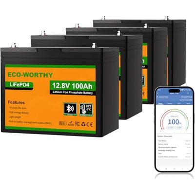 ECO-WORTHY Lot de 4 batteries LiFePO4 Bluetooth 12 V 100 Ah avec protection BMS basse température et jusqu'à 15 000 cycles, batterie au lithium max. 20,48 kWh pour installation solaire, panneau ECO-WORTHY Lot de 4 batteries LiFePO4 Bluetooth 12 V 100 Ah avec protection BMS basse température et jusqu'à 15 000 cycles, batterie au lithium max. 20,48 kWh pour installation solaire, panneau