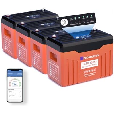 ECO-WORTHY Lot de 4 batteries LiFePO4 12 V 100 Ah avec écran, batterie au lithium 12 V 100 Ah pour panneau solaire, système solaire complet ECO-WORTHY Lot de 4 batteries LiFePO4 12 V 100 Ah avec écran, batterie au lithium 12 V 100 Ah pour panneau solaire, système solaire complet