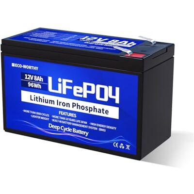ECO-WORTHY LiFePO4 Batterie au lithium rechargeable 12 V 8 Ah avec protection BMS et plus de 3000 cycles profonds pour camping, système solaire, camping-car, sondeur, poussette, bateau, kit de panneau ECO-WORTHY LiFePO4 Batterie au lithium rechargeable 12 V 8 Ah avec protection BMS et plus de 3000 cycles profonds pour camping, système solaire, camping-car, sondeur, poussette, bateau, kit de panneau