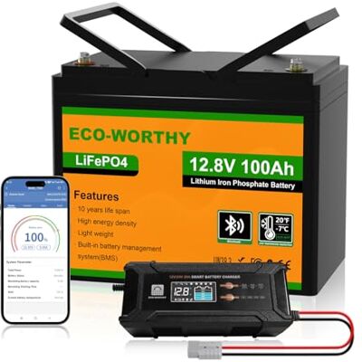 ECO-WORTHY Batterie Bluetooth LiFePO4 12 V 100 Ah avec chargeurs 12/24 V 20 ECO-WORTHY Batterie Bluetooth LiFePO4 12 V 100 Ah avec chargeurs 12/24 V 20