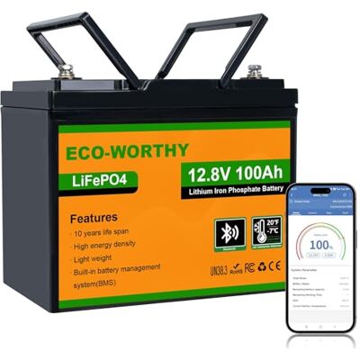 ECO-WORTHY Bluetooth Batterie Lithium 12V 100AH avec Protection de BMS et de Basse Température, LiFePO4 Batterie avec 4000 à 15000 Cycles pour Camping Car, Caravane, Bateau, Panneau Solaire ECO-WORTHY Bluetooth Batterie Lithium 12V 100AH avec Protection de BMS et de Basse Température, LiFePO4 Batterie avec 4000 à 15000 Cycles pour Camping Car, Caravane, Bateau, Panneau Solaire