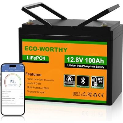ECO-WORTHY LiFePO4 12 V 100 Ah Bluetooth avec protection BMS basse température 100 A et max. 15 000 cycles, batterie au lithium 1280 Wh 12 V 100 Ah pour camping-car, caravane, bateau ECO-WORTHY LiFePO4 12 V 100 Ah Bluetooth avec protection BMS basse température 100 A et max. 15 000 cycles, batterie au lithium 1280 Wh 12 V 100 Ah pour camping-car, caravane, bateau