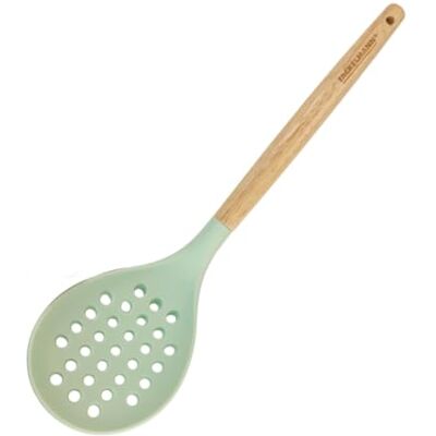 Fackelmann Ocean Écumoire en silicone, noyau rigide en acier, manche en bois antidérapant et ergonomique, passe au lave-vaisselle, 32 x 8 cm, vert d'eau, 1 unité Fackelmann Ocean Écumoire en silicone, noyau rigide en acier, manche en bois antidérapant et ergonomique, passe au lave-vaisselle, 32 x 8 cm, vert d'eau, 1 unité