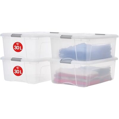 Iris Ohyama , Lot de 4 boîtes de rangement en plastique avec couvercle 30 litres Empilables Poignées intégrées Sans BPA Pour chambre à coucher Transparent/boucle argentée 39,5 x 58 x 20,5 Iris Ohyama , Lot de 4 boîtes de rangement en plastique avec couvercle 30 litres Empilables Poignées intégrées Sans BPA Pour chambre à coucher Transparent/boucle argentée 39,5 x 58 x 20,5