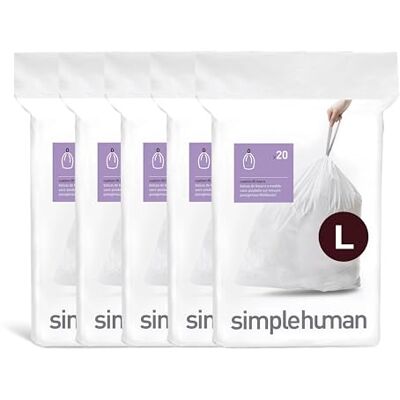 simplehuman Code L Lot de 100 sacs poubelle avec cordon de serrage, 18 litres, blanc simplehuman Code L Lot de 100 sacs poubelle avec cordon de serrage, 18 litres, blanc