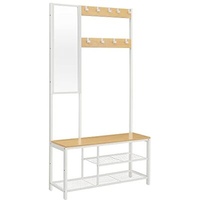 VASAGLE HSR050W09 Porte-manteau avec crochets Porte-manteau avec miroir, banc à chaussures et étagères 36 x 98 x 185 cm Pour couloir, chambre à coucher, salon Couleur chêne/blanc VASAGLE HSR050W09 Porte-manteau avec crochets Porte-manteau avec miroir, banc à chaussures et étagères 36 x 98 x 185 cm Pour couloir, chambre à coucher, salon Couleur chêne/blanc