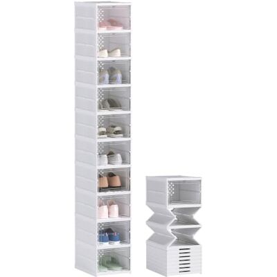 HOMCOM Lot de 10 Boîtes à Chaussures Pliables Empilables 26x35x174cm Blanc Boîtes de Rangement pour Chaussures en Plastique, Couvercles, pour Pointure jusqu'à 43 HOMCOM Lot de 10 Boîtes à Chaussures Pliables Empilables 26x35x174cm Blanc Boîtes de Rangement pour Chaussures en Plastique, Couvercles, pour Pointure jusqu'à 43