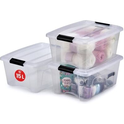 Iris Ohyama , Lot de 3 boîtes de rangement, 15L Empilable L39.5 x l29 x H18.5 cm Transparent Iris Ohyama , Lot de 3 boîtes de rangement, 15L Empilable L39.5 x l29 x H18.5 cm Transparent