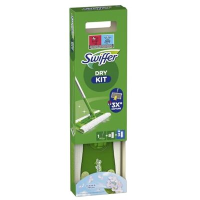 Swiffer Balai nettoyant sec et humide Kit de base pour nettoyer le bois et les sols, avec : 1 serpillère, 6 chiffons secs, 3 chiffons humides Swiffer Balai nettoyant sec et humide Kit de base pour nettoyer le bois et les sols, avec : 1 serpillère, 6 chiffons secs, 3 chiffons humides
