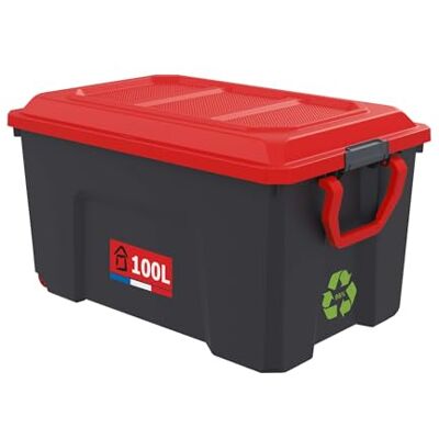 Sundis Locker, boîte de rangement plastique avec couvercle 100L Roues, poignée, clips, robuste, superposable et empilable, idéale pour l'atelier, le transport, le garage, le bricolage Sundis Locker, boîte de rangement plastique avec couvercle 100L Roues, poignée, clips, robuste, superposable et empilable, idéale pour l'atelier, le transport, le garage, le bricolage