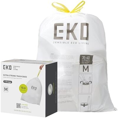 EKO Lot de 110 sacs poubelle de cuisine avec cordon de serrage, très résistants, anti-fuites, non parfumés, code M, 35-40 L, blanc EKO Lot de 110 sacs poubelle de cuisine avec cordon de serrage, très résistants, anti-fuites, non parfumés, code M, 35-40 L, blanc