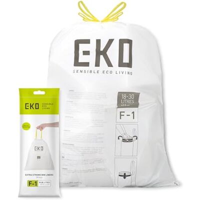 EKO Lot de 20 sacs poubelle de cuisine avec cordon de serrage de 18 à 30 litres, résistants aux fuites et aux déchirures pour déchets et recyclage, sacs poubelle non parfumés, code F-1, blanc EKO Lot de 20 sacs poubelle de cuisine avec cordon de serrage de 18 à 30 litres, résistants aux fuites et aux déchirures pour déchets et recyclage, sacs poubelle non parfumés, code F-1, blanc