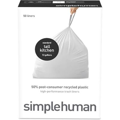 simplehuman Lot de 50 grands sacs poubelle de cuisine recyclés post-consommation avec cordon de serrage, 50 l simplehuman Lot de 50 grands sacs poubelle de cuisine recyclés post-consommation avec cordon de serrage, 50 l