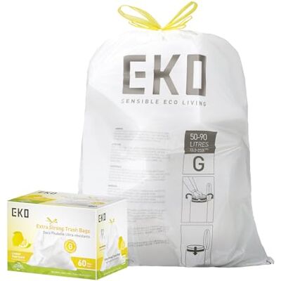 EKO Lot de 60 sacs poubelle extra résistants avec cordon de serrage, parfum zeste de citron pour contrôle des odeurs, rouleau facile à distribuer pour cuisine et maison, code G, 50-90 L, blanc EKO Lot de 60 sacs poubelle extra résistants avec cordon de serrage, parfum zeste de citron pour contrôle des odeurs, rouleau facile à distribuer pour cuisine et maison, code G, 50-90 L, blanc