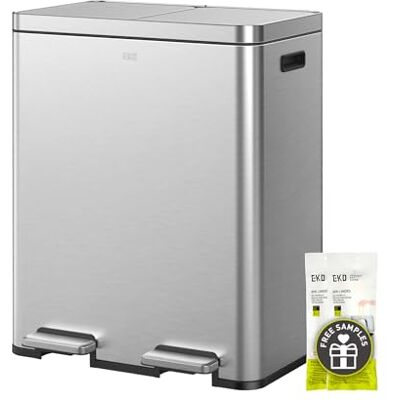 EKO Poubelle de cuisine, 2 compartiments, en acier inoxydable, 30 L + 30 L Compartiments de recyclage, seaux amovibles, couvercles à fermeture douce, pédale et anti-traces de doigts pour déchets et EKO Poubelle de cuisine, 2 compartiments, en acier inoxydable, 30 L + 30 L Compartiments de recyclage, seaux amovibles, couvercles à fermeture douce, pédale et anti-traces de doigts pour déchets et