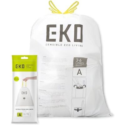 EKO Lot de 30 sacs poubelle pour poubelles de cuisine Extra résistants avec cordon de serrage Capacité de 3 à 6 litres Blanc EKO Lot de 30 sacs poubelle pour poubelles de cuisine Extra résistants avec cordon de serrage Capacité de 3 à 6 litres Blanc