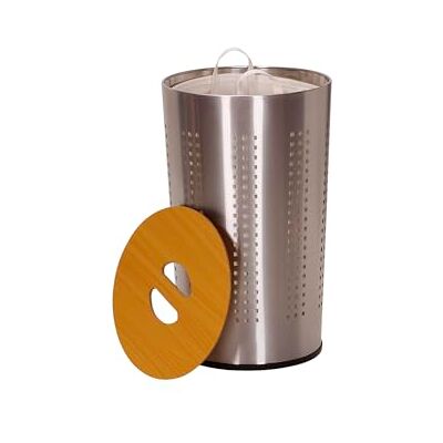 Household Essentials 7081-1 Panier à Linge Rond Métal Sac Doublure Amovible Couvercle Bois Inox Household Essentials 7081-1 Panier à Linge Rond Métal Sac Doublure Amovible Couvercle Bois Inox