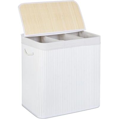 Relaxdays Panier à linge, 3 compartiments, avec couvercle, trieur rectangulaire, HxLxP : 62x62,5x42,5 cm, bambou, blanc Relaxdays Panier à linge, 3 compartiments, avec couvercle, trieur rectangulaire, HxLxP : 62x62,5x42,5 cm, bambou, blanc