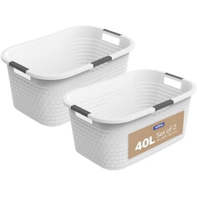 Rotho Country Lot de 2 paniers à linge 40 l Trois poignées de transport souples, forme ergonomique, structure en rotin avec ventilation sur les quatre côtés Rotho Country Lot de 2 paniers à linge 40 l Trois poignées de transport souples, forme ergonomique, structure en rotin avec ventilation sur les quatre côtés