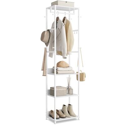 VASAGLE RCR061WC02 Portemanteau avec rail de suspension et crochets, arbre d'entrée avec étagères, cadre en acier, pour vêtements, sacs, chapeaux, blanc nuage VASAGLE RCR061WC02 Portemanteau avec rail de suspension et crochets, arbre d'entrée avec étagères, cadre en acier, pour vêtements, sacs, chapeaux, blanc nuage