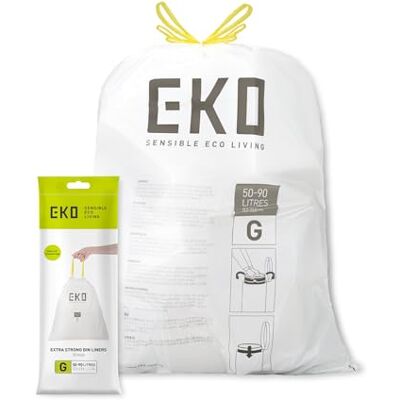 EKO Lot de 10 sacs poubelle taille G (50 à 90 L), extra résistants avec cordon de serrage pour cuisine, blanc, ajustement parfait, convient aux grandes poubelles de 50 l, 60 l, 70 l, 80 l, 90 l EKO Lot de 10 sacs poubelle taille G (50 à 90 L), extra résistants avec cordon de serrage pour cuisine, blanc, ajustement parfait, convient aux grandes poubelles de 50 l, 60 l, 70 l, 80 l, 90 l