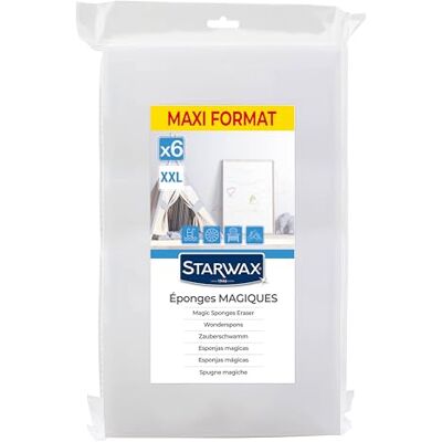 STARWAX Éponges magiques Effacer les taches en un clin d'œil Ne raye pas Facile à nettoyer Maxi format Multi-surfaces Lot de 6 STARWAX Éponges magiques Effacer les taches en un clin d'œil Ne raye pas Facile à nettoyer Maxi format Multi-surfaces Lot de 6