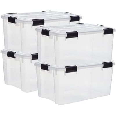 Iris Ohyama , Boîtes de rangement plastique étanches de 50L, Lot de 4, DDAT-L, Transparent, Clips de fermeture- L59 x P39 x H29 cm Iris Ohyama , Boîtes de rangement plastique étanches de 50L, Lot de 4, DDAT-L, Transparent, Clips de fermeture- L59 x P39 x H29 cm