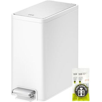 EKO Petite poubelle fine en acier inoxydable avec pédale, couvercle et seau intérieur amovible 6 L Blanc EKO Petite poubelle fine en acier inoxydable avec pédale, couvercle et seau intérieur amovible 6 L Blanc