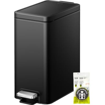 EKO Petite poubelle de salle de bain avec couvercle à fermeture douce, pédale, noir mat, 10 litres, en acier inoxydable avec seau intérieur amovible, finition anti-traces de doigts EKO Petite poubelle de salle de bain avec couvercle à fermeture douce, pédale, noir mat, 10 litres, en acier inoxydable avec seau intérieur amovible, finition anti-traces de doigts