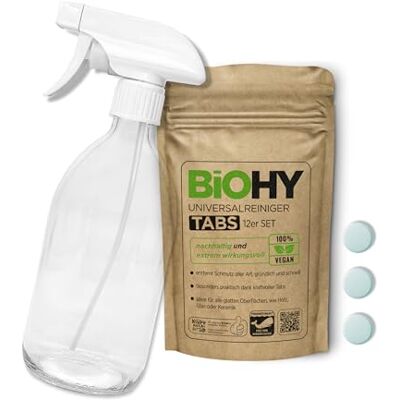 BIOHY Lot de 12 tablettes de nettoyage universelles avec vaporisateur en Tablettes polyvalentes à dissoudre, sans microplastique, comme nettoyant pour cuisine, salle de bain et vitres BIOHY Lot de 12 tablettes de nettoyage universelles avec vaporisateur en Tablettes polyvalentes à dissoudre, sans microplastique, comme nettoyant pour cuisine, salle de bain et vitres