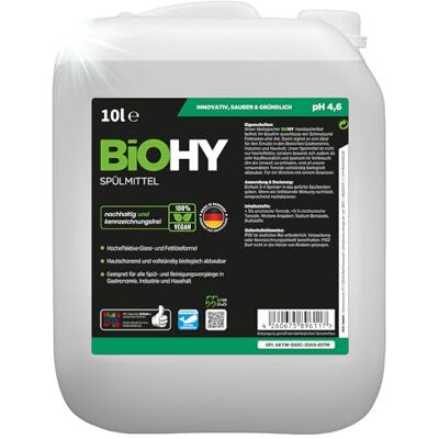 BIOHY Liquide vaisselle concentré dégraissant Bidon de 10 litres Pour la vaisselle, les casseroles, les verres et les couverts, doux pour la peau, idéal pour les distributeurs et la BIOHY Liquide vaisselle concentré dégraissant Bidon de 10 litres Pour la vaisselle, les casseroles, les verres et les couverts, doux pour la peau, idéal pour les distributeurs et la