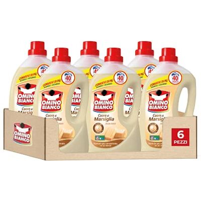 Omino Bianco Lessive liquide pour machine à laver, 240 lavages, respecte les couleurs et les tissus, parfum frais à l'essence cœur de Marseille, 2000 ml x 6 paquets Omino Bianco Lessive liquide pour machine à laver, 240 lavages, respecte les couleurs et les tissus, parfum frais à l'essence cœur de Marseille, 2000 ml x 6 paquets