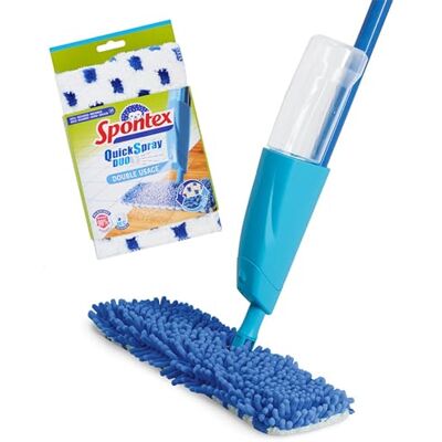 Spontex Quick Spray Duo Balai plat avec têtes de balai lavables en microfibre Nettoie les sols stratifiés, bois et carrelage Tête de balai réversible sans contact Spontex Quick Spray Duo Balai plat avec têtes de balai lavables en microfibre Nettoie les sols stratifiés, bois et carrelage Tête de balai réversible sans contact