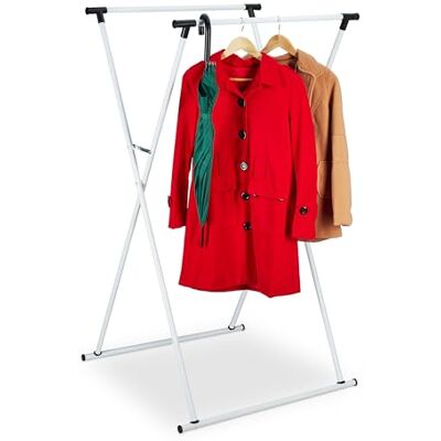 Relaxdays Portant à vêtements extensible (H x l x P) : 139 x 135 x 95 cm, 2 tringles à vêtements, pour couloir, valet pliable, en métal, blanc Relaxdays Portant à vêtements extensible (H x l x P) : 139 x 135 x 95 cm, 2 tringles à vêtements, pour couloir, valet pliable, en métal, blanc