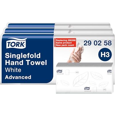 Tork Essuie-mains pliés en V blanc H3, Papier d'essuyage en Advanced pour Distributeur, Absorbant et indéchirable, grand, 2 plis, 5 x 250 feuilles, 290258 Tork Essuie-mains pliés en V blanc H3, Papier d'essuyage en Advanced pour Distributeur, Absorbant et indéchirable, grand, 2 plis, 5 x 250 feuilles, 290258