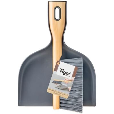 VIGAR Bezem en Blik, Compact Handveegset voor Stof, Huisdierenhaar, Kruimels en Auto, Grijs, Bamboo Print VIGAR Bezem en Blik, Compact Handveegset voor Stof, Huisdierenhaar, Kruimels en Auto, Grijs, Bamboo Print