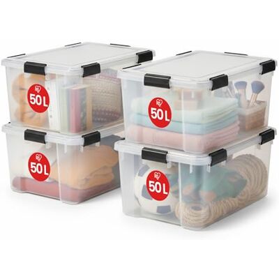 Iris Ohyama , Boîtes de rangement plastique étanches de 50L, Lot de 4, AT-L, Transparent, Clips de fermeture- L59 x P39 x H29 cm Iris Ohyama , Boîtes de rangement plastique étanches de 50L, Lot de 4, AT-L, Transparent, Clips de fermeture- L59 x P39 x H29 cm