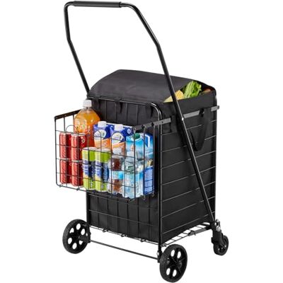 VEVOR Chariot de courses pliable avec deux paniers, doublure imperméable et roues, grande capacité de charge de 45,4 kg, panier à linge robuste pour linge, shopping, camping, épicerie, bagages VEVOR Chariot de courses pliable avec deux paniers, doublure imperméable et roues, grande capacité de charge de 45,4 kg, panier à linge robuste pour linge, shopping, camping, épicerie, bagages