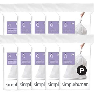 simplehuman Code P Lot de 200 sacs poubelle authentiques sur mesure avec cordon de serrage en paquets distributeurs, 50 à 60 litres, blanc simplehuman Code P Lot de 200 sacs poubelle authentiques sur mesure avec cordon de serrage en paquets distributeurs, 50 à 60 litres, blanc