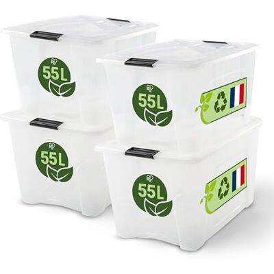 Iris Ohyama BSB-55 Lot de 4 boîtes de rangement avec couvercle transparent avec boucles sécurisées empilables et poignées pour chambre à coucher, placard, bureau, organisation, plastique sans BPA, BSB Iris Ohyama BSB-55 Lot de 4 boîtes de rangement avec couvercle transparent avec boucles sécurisées empilables et poignées pour chambre à coucher, placard, bureau, organisation, plastique sans BPA, BSB