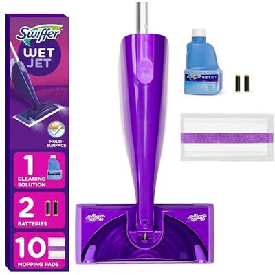 Swiffer WetJet Kit de démarrage pour nettoyeur de sols et bois durs, comprend : 1 balai électrique, 10 tampons, solution de nettoyage, piles Swiffer WetJet Kit de démarrage pour nettoyeur de sols et bois durs, comprend : 1 balai électrique, 10 tampons, solution de nettoyage, piles